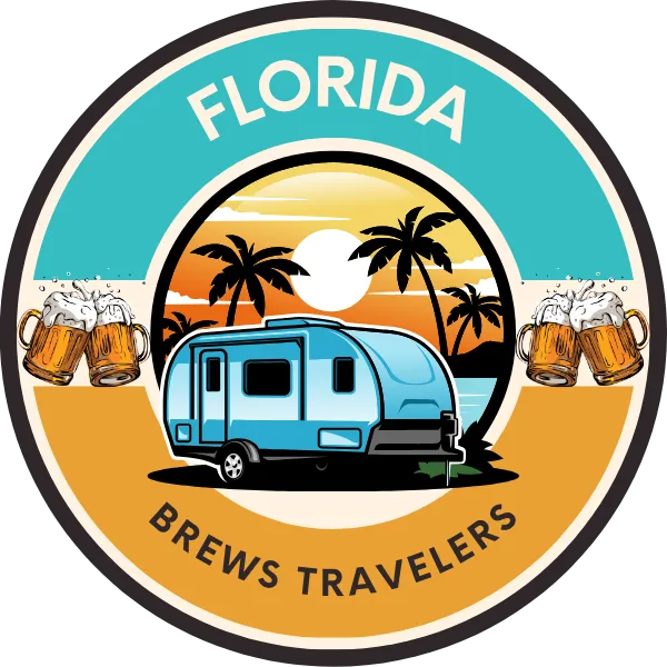 A circular logo with "FLORIDA" at the top and "BREWS TRAVELERS" at the bottom. The center features a blue camper by a beach with palm trees and a sunset.