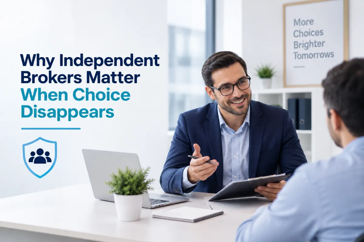 Independent insurance broker discussing coverage options with a client.
