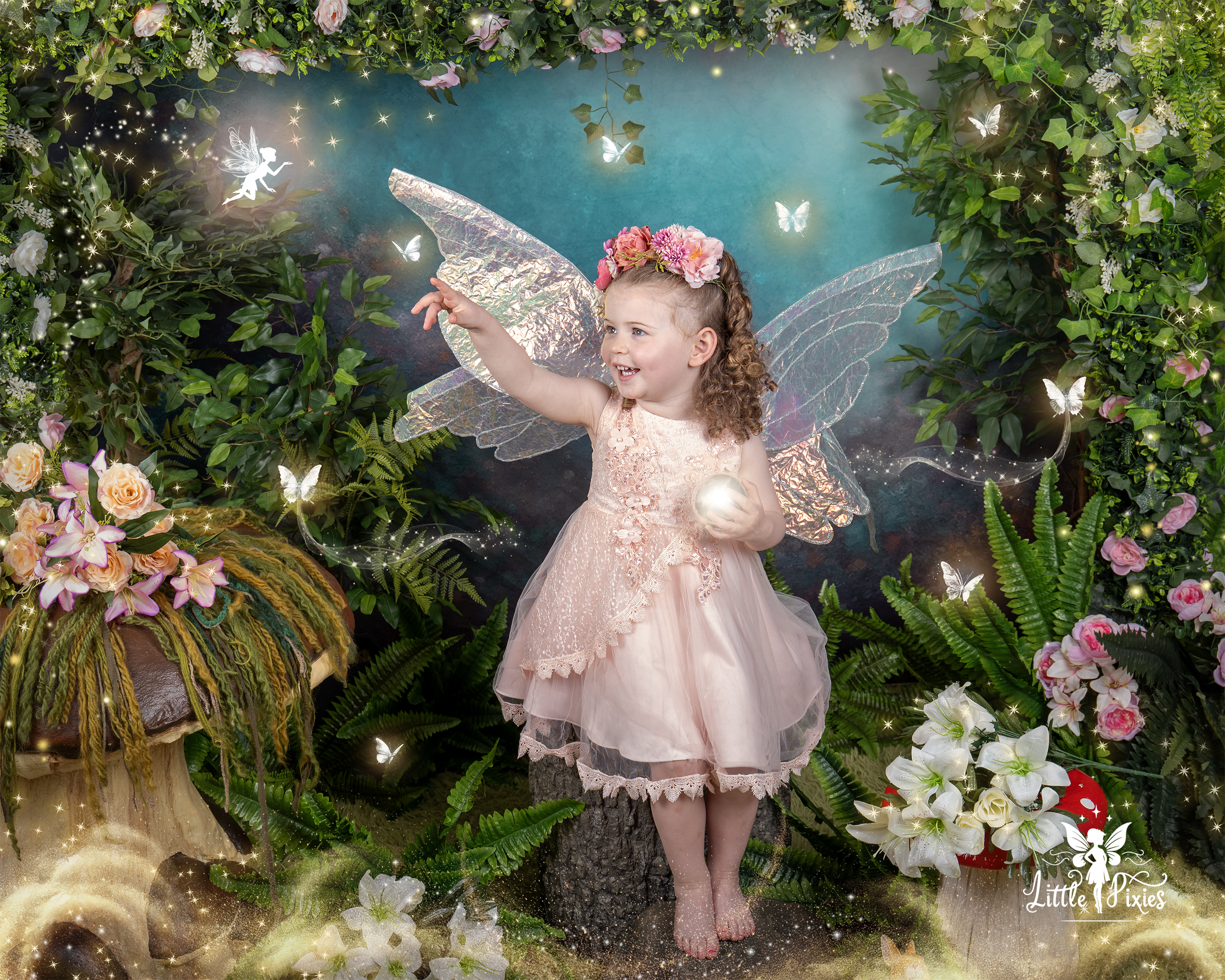 Young girl with sparkling wings in her fairy photoshoot