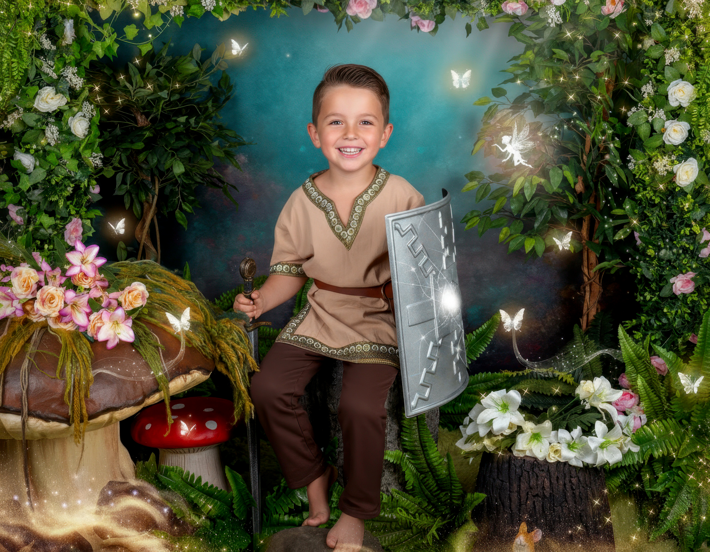 Young boy with a prop sword and shield posing in his knight photoshoot