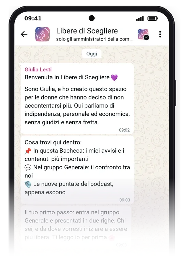 La Bacheca della community WhatsApp Libere di Scegliere con i messaggi di benvenuto di Giulia