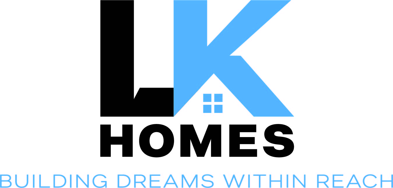LK Homes logo featuring bold letters "LK" in black and light blue, with the word "HOMES" in black, and tagline "Building Dreams Within Reach" in light blue, representing a home remodeling service.
