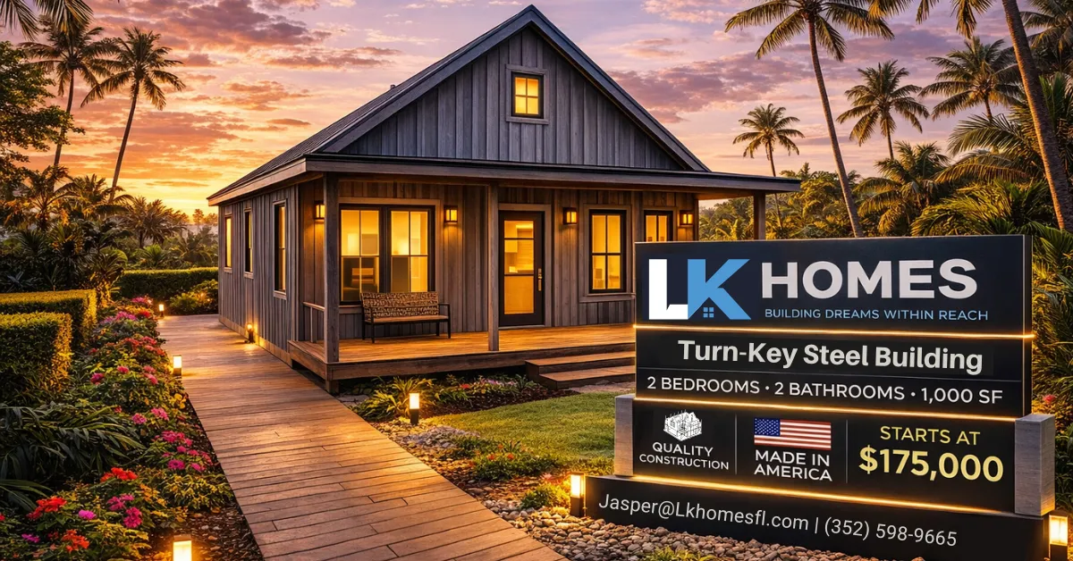 Coastal-inspired steel frame home by LK Homes with porch, 2 bedrooms, 2 bathrooms, and vibrant landscaping, highlighting quality construction and Florida lifestyle.