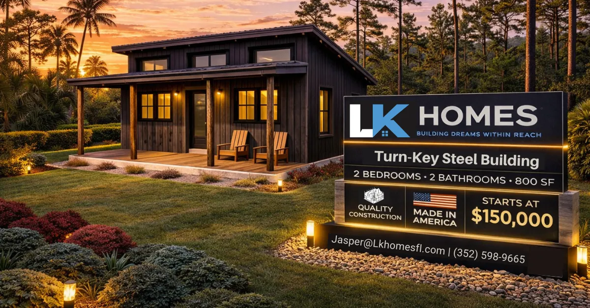 LK Homes steel frame house model with 2 bedrooms and 2 bathrooms, showcasing quality construction and outdoor landscaping, illuminated at sunset, starting at $150,000.
