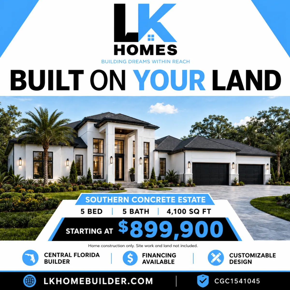Luxury Mediterranean-style ICF home by LK Homes, featuring a spacious 5-bedroom, 4-bathroom layout, energy-efficient construction, and a welcoming landscaped entrance, with a sign displaying starting price of $1,250,000.