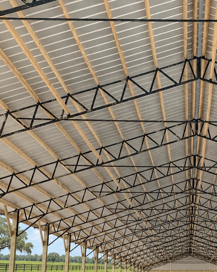 Large photo of structural pole barn framing showing engineering quality