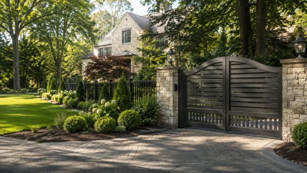 Custom dark metal driveway gate between stone pillars at a luxury Bethesda, Maryland residence.
