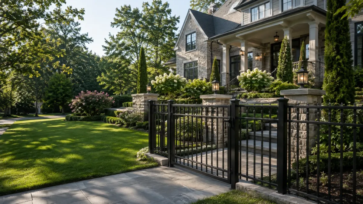 Matte black aluminum fence and pedestrian gate at an upscale landscaped Bethesda, MD home.