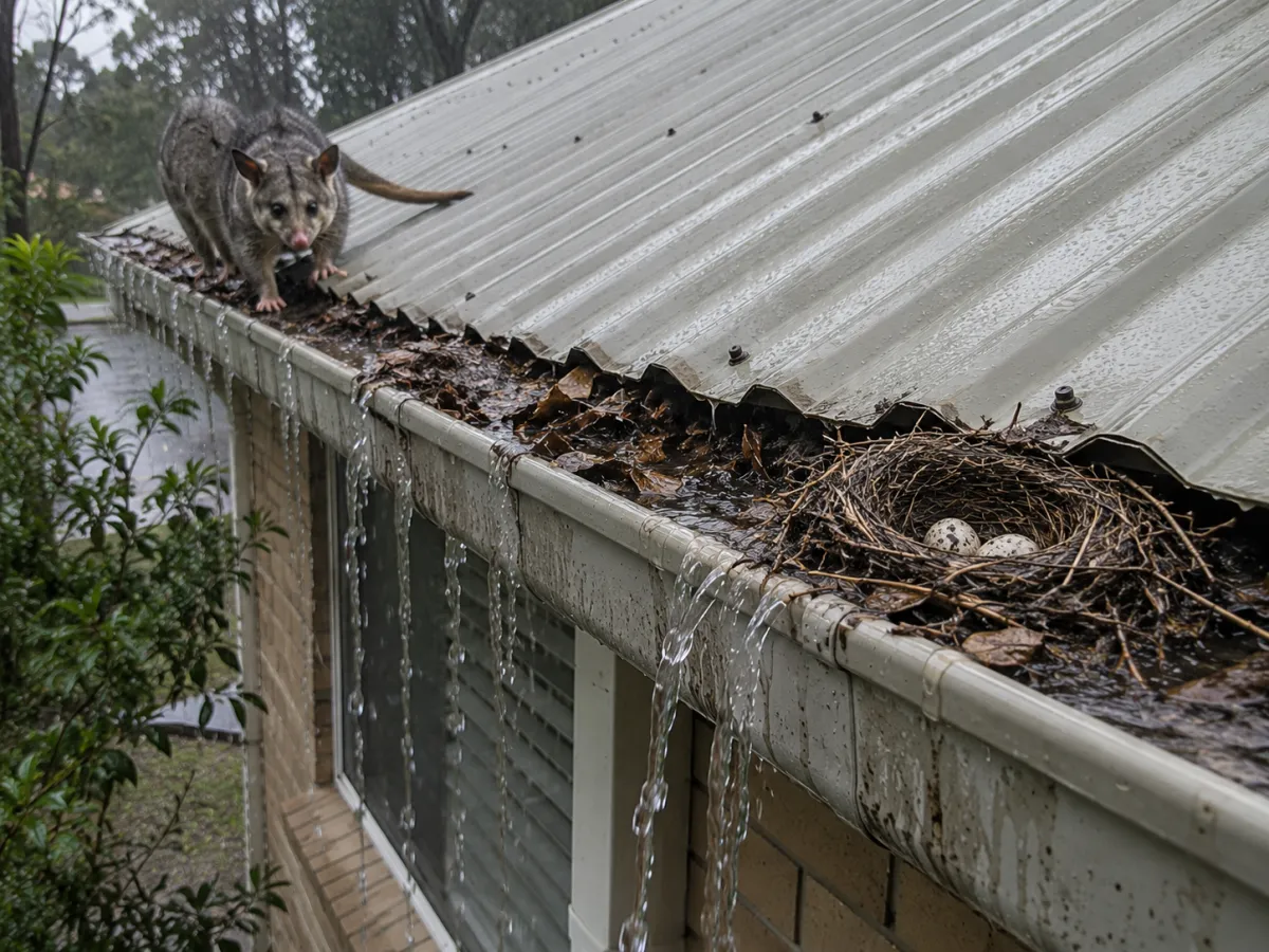 Bird nest and debris blocking residential gutter requiring possum and pest proof gutter guard installation