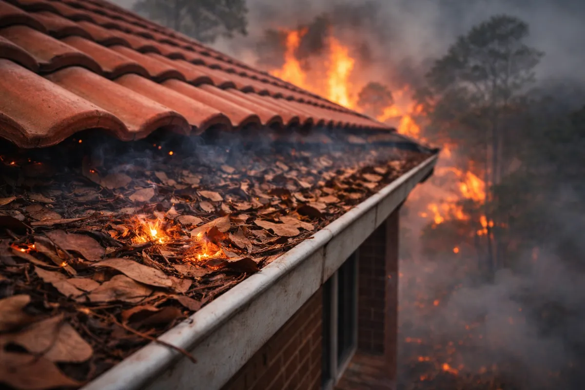 Blocked gutter filled with burning leaves and fire embers on tile roof Australia