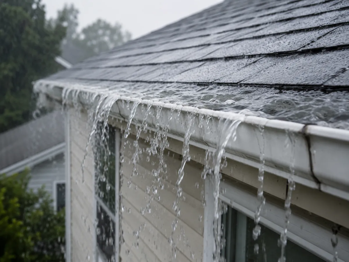 Gutter overflowing with water during heavy storm causing fascia and foundation damage Australia
