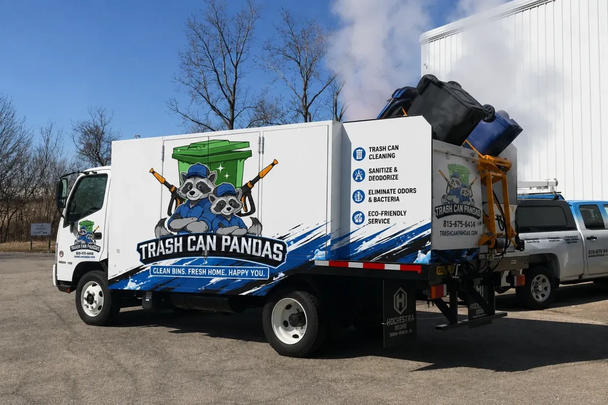 Trash Can Pandas logo featuring two cartoon raccoons in blue shirts and hats against a green trash can and pressure washers.