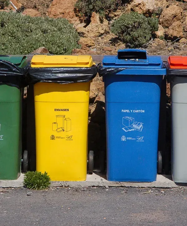 A line of colorful recycling bins, including green, yellow (Envases), blue (Papel y Cartón), and grey, on a sunny day.