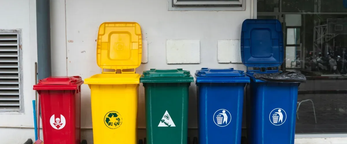 A line of five colorful waste bins, red, yellow, green, and two blue, against a building exterior with glass windows.