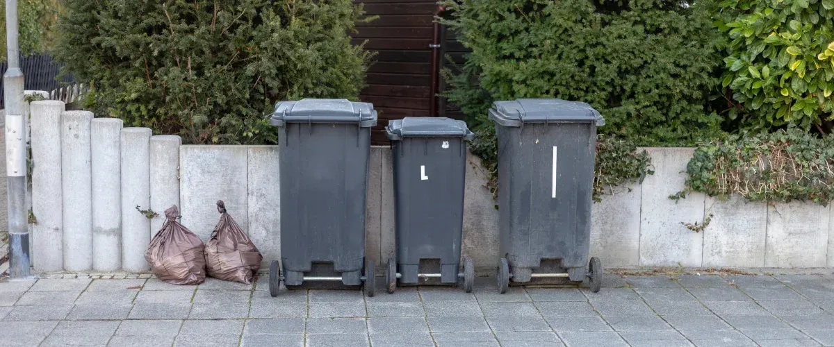 Three dark grey trash bins, two large and one small, with two brown trash bags on a paved sidewalk.