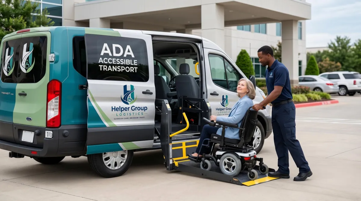 A white medical transport van displaying an 'ADA Accessible Transport' sign with its side door open, and a driver assisting a passenger in a wheelchair onto the hydraulic lift