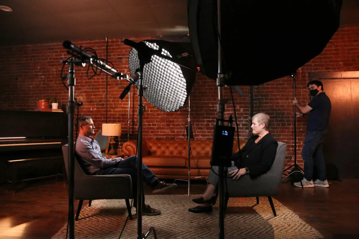 Interview set with lights and camera ready for a press junket day