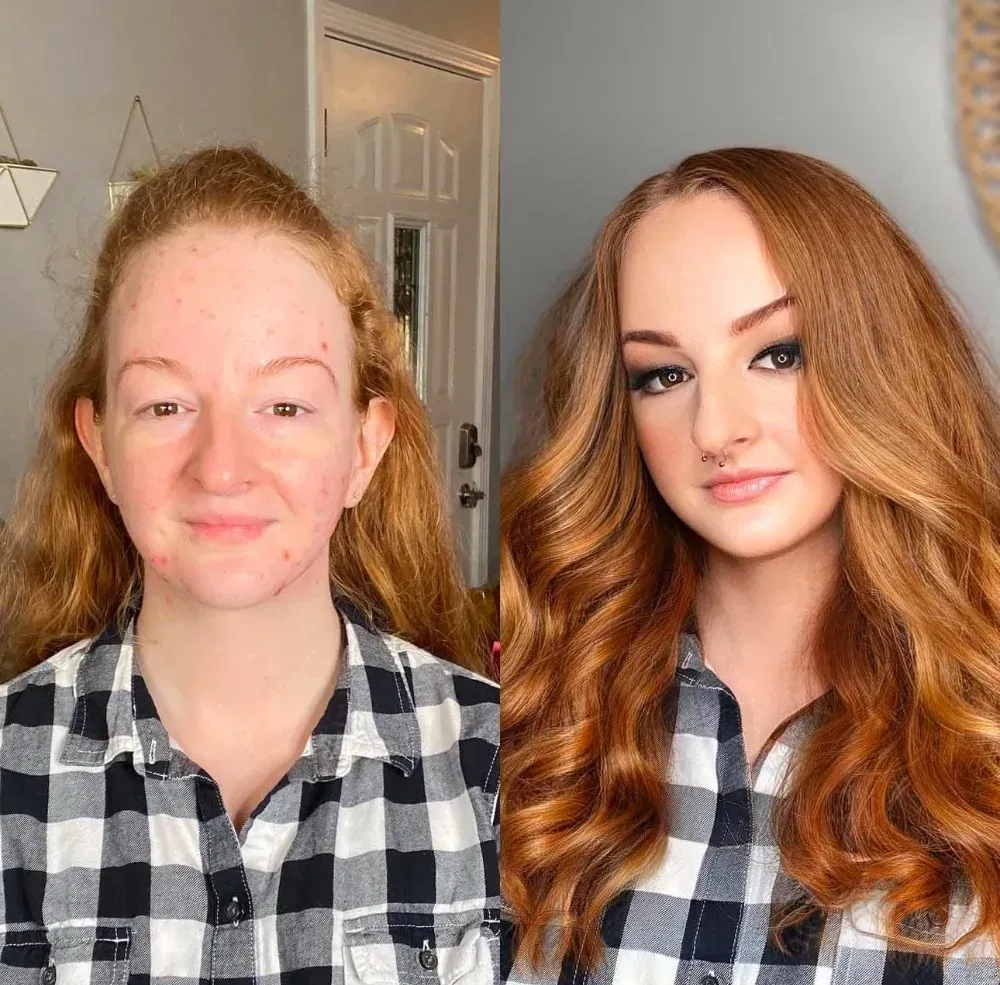 Airbrush makeup before and after on freckled skin, water-based airbrush foundation