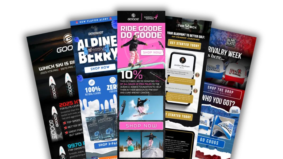 High-performing email designs by T2 Media featuring GOODE Skis and Tee Box promotions, including ski product comparisons, limited-time offers, and membership benefits, laid out in an overlapping vertical carousel format.