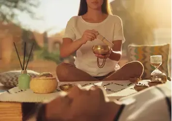 Deep nervous system reset using bowls, tuning forks, and vibrational frequency for recovery, burnout relief, and emotional release