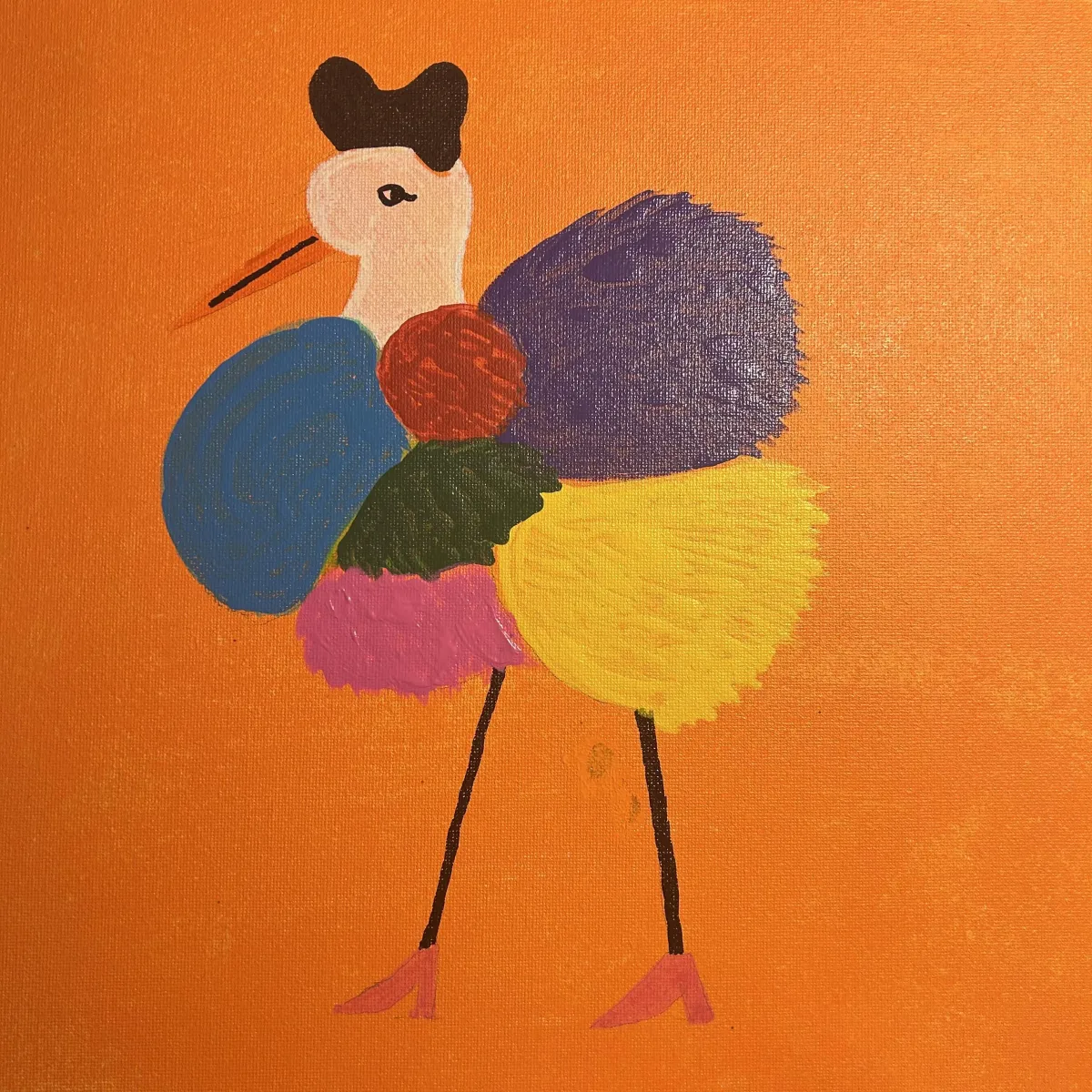 Radiant ostrich in heels, 12x12 acrylic painting by Clare Kindness