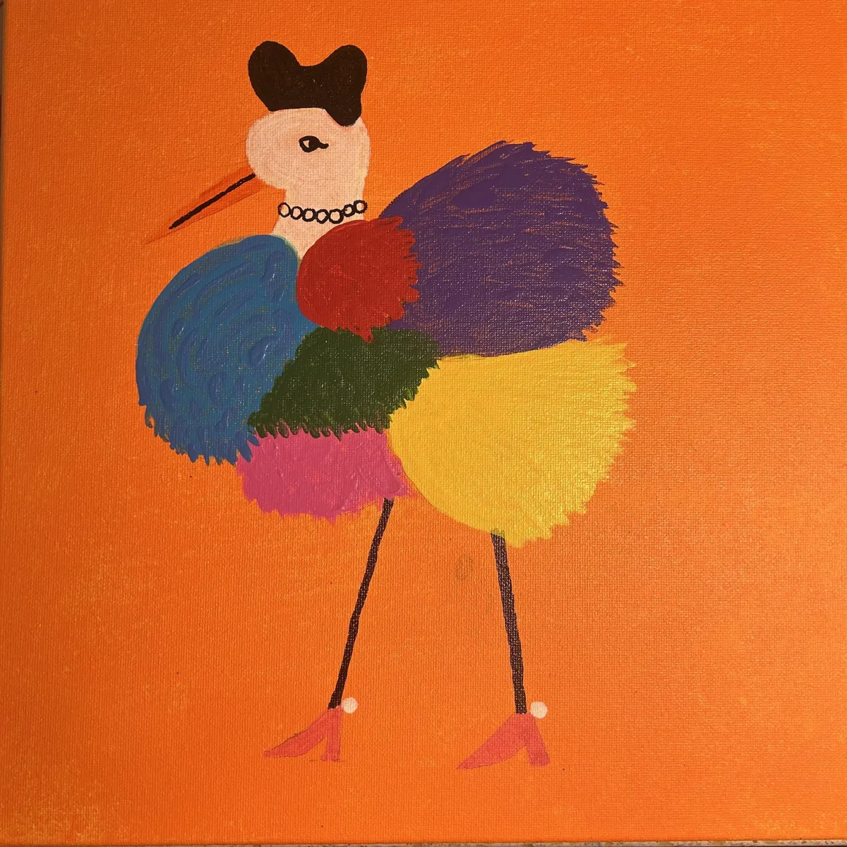 Radiant ostrich in heels, 12x12 acrylic painting by Clare Kindness