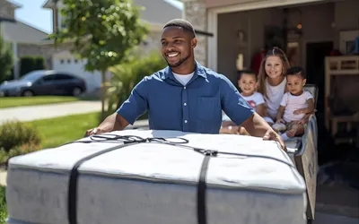 A cheerful delivery driver in uniform carries a rolled mattress up a suburban front porch, with a smiling family waiting at the door. The scene is bright, energetic, and emphasizes fast, friendly service for all ages.