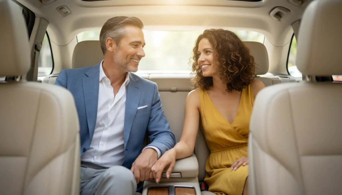 Well-dressed man and woman smiling at each other in the backseat of a car, representing a modern dating connection.