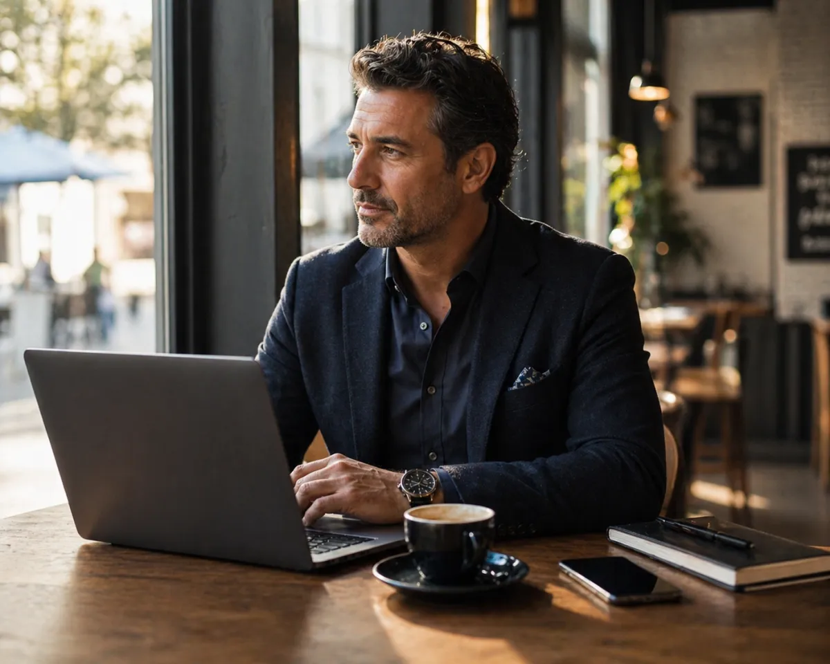 Lifestyle branding photo of successful businessman at a coffee shop in San Diego