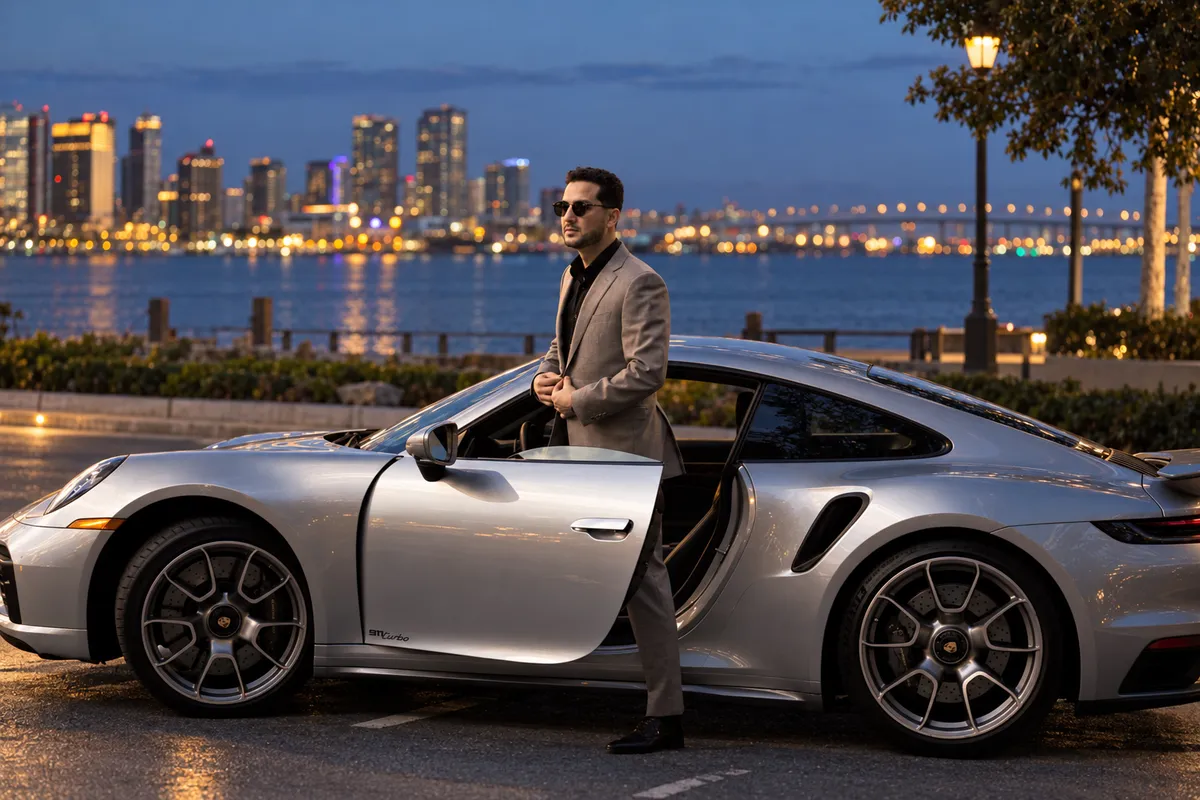 Professional lifestyle branding photography for men over 40. Executive branding photographer in San Diego. Luxury photography. Man posing with his car