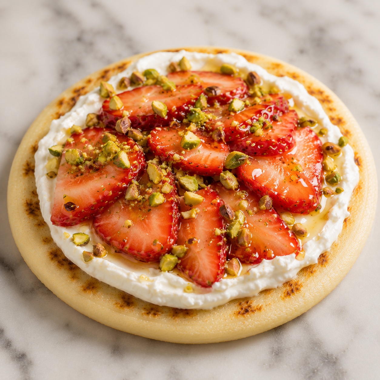 Arepa spread with thick labneh, sliced strawberries and crushed green pistachio