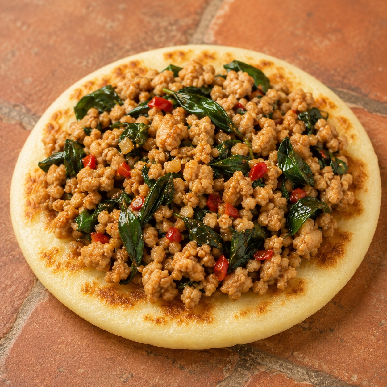 Arepa topped with Thai basil chicken (pad krapow)