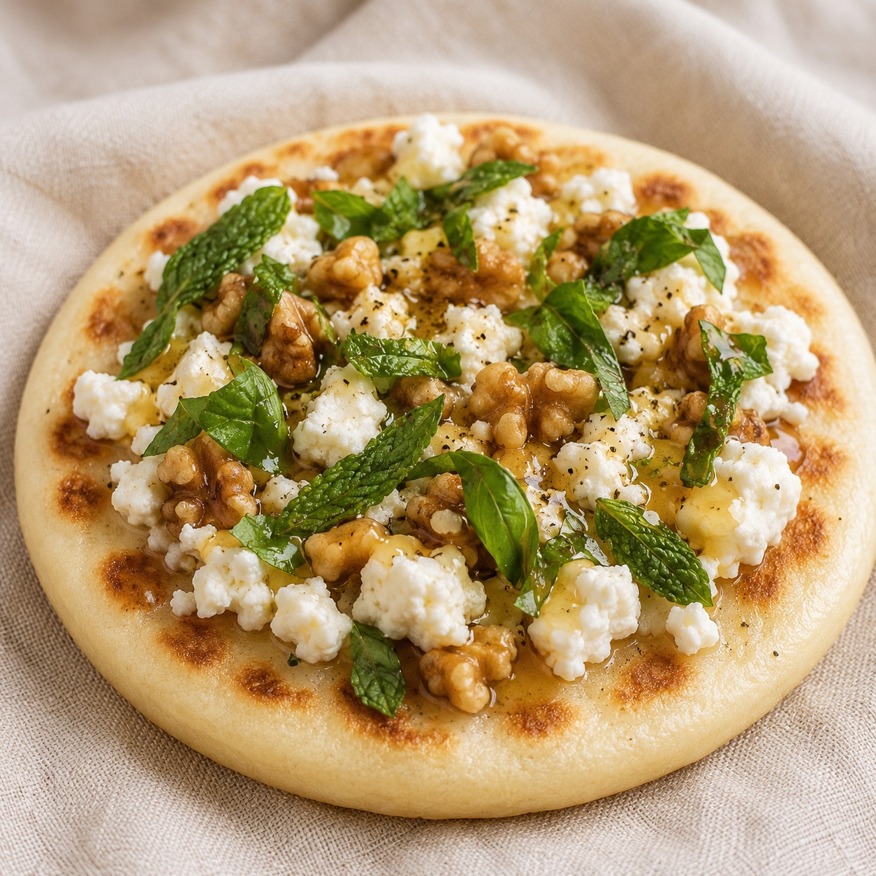 Arepa topped with feta, chopped walnuts, fresh herbs and honey