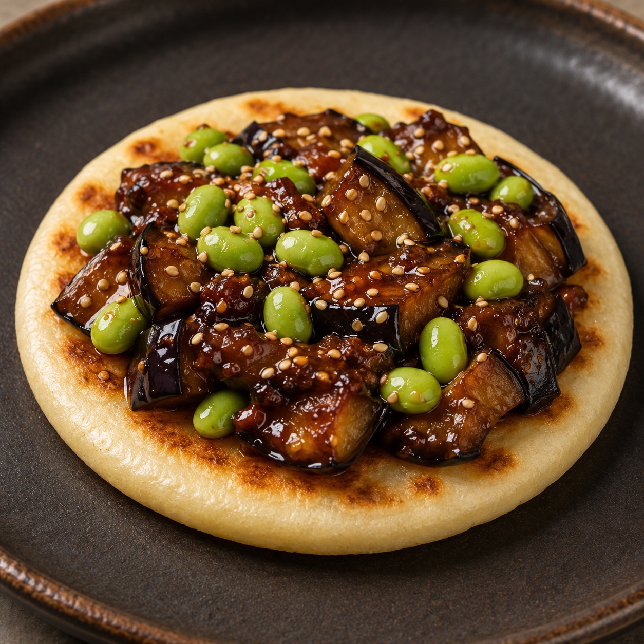 Arepa topped with miso-glazed eggplant and edamame