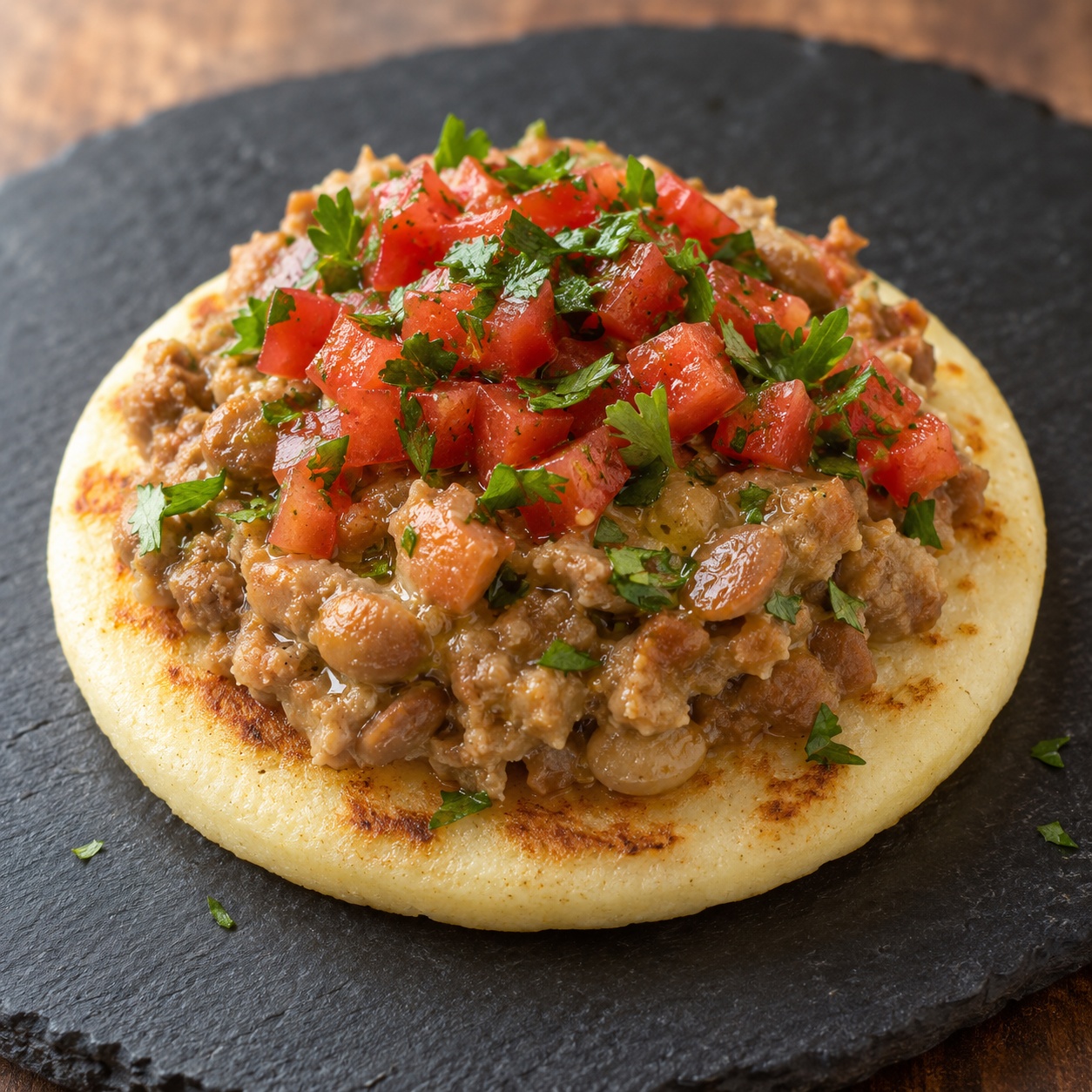 Arepa topped with mashed fava beans, diced tomato and olive oil