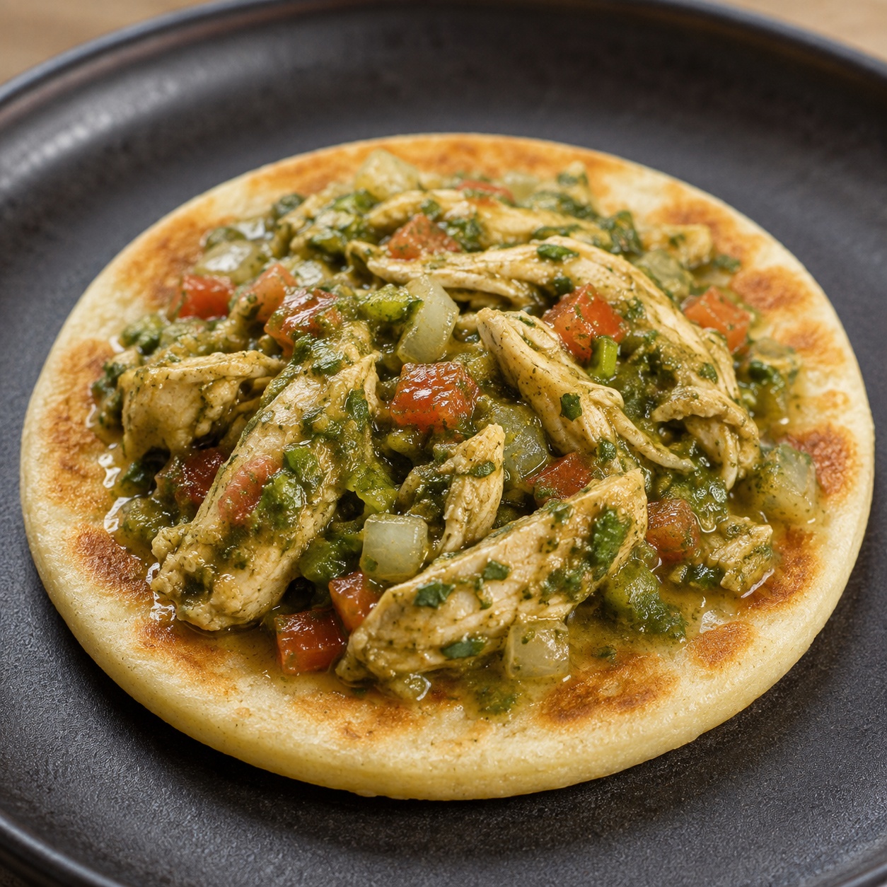 Arepa topped with chicken braised in a green cilantro sauce
