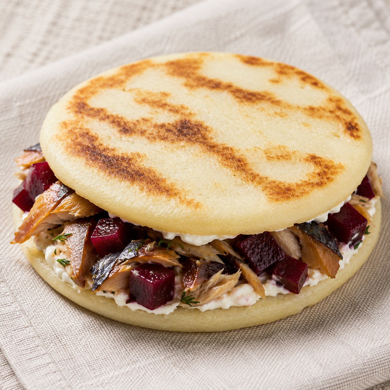 Two arepas sandwiched with smoked mackerel, diced beet and horseradish cream