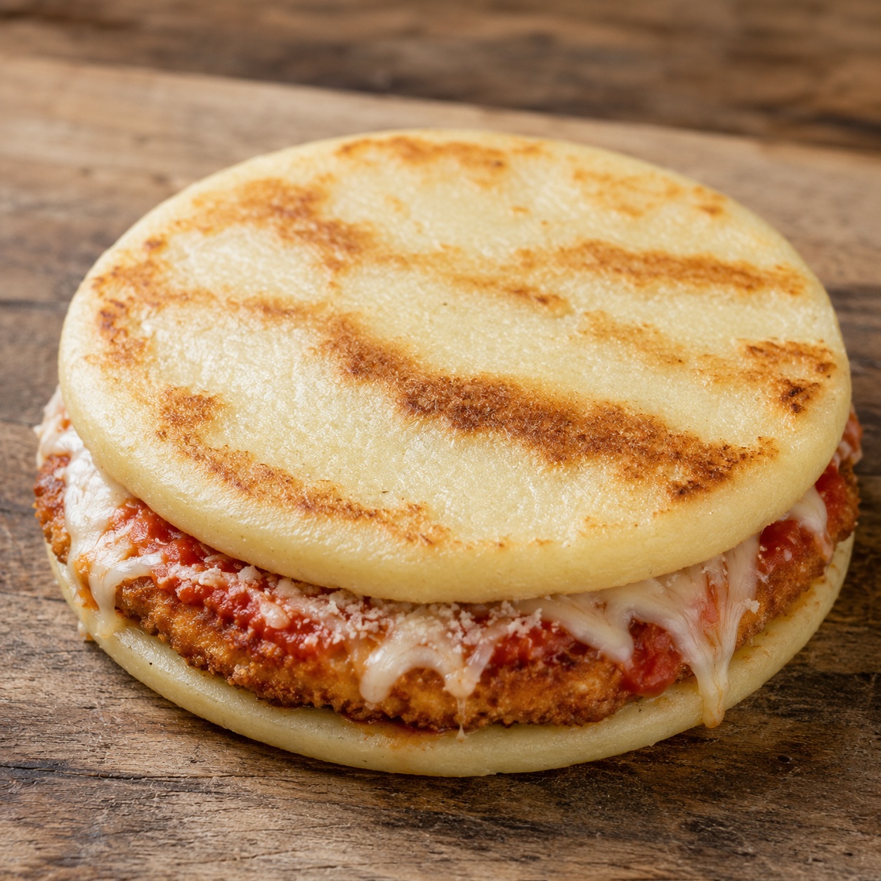 Two arepas pressed together with breaded chicken, marinara and melted mozzarella