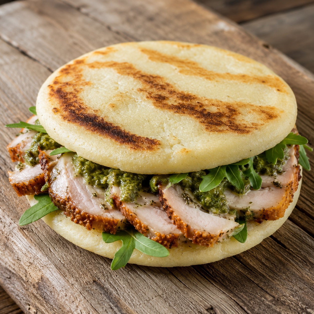 Two arepas pressed together with sliced porchetta and green salsa verde