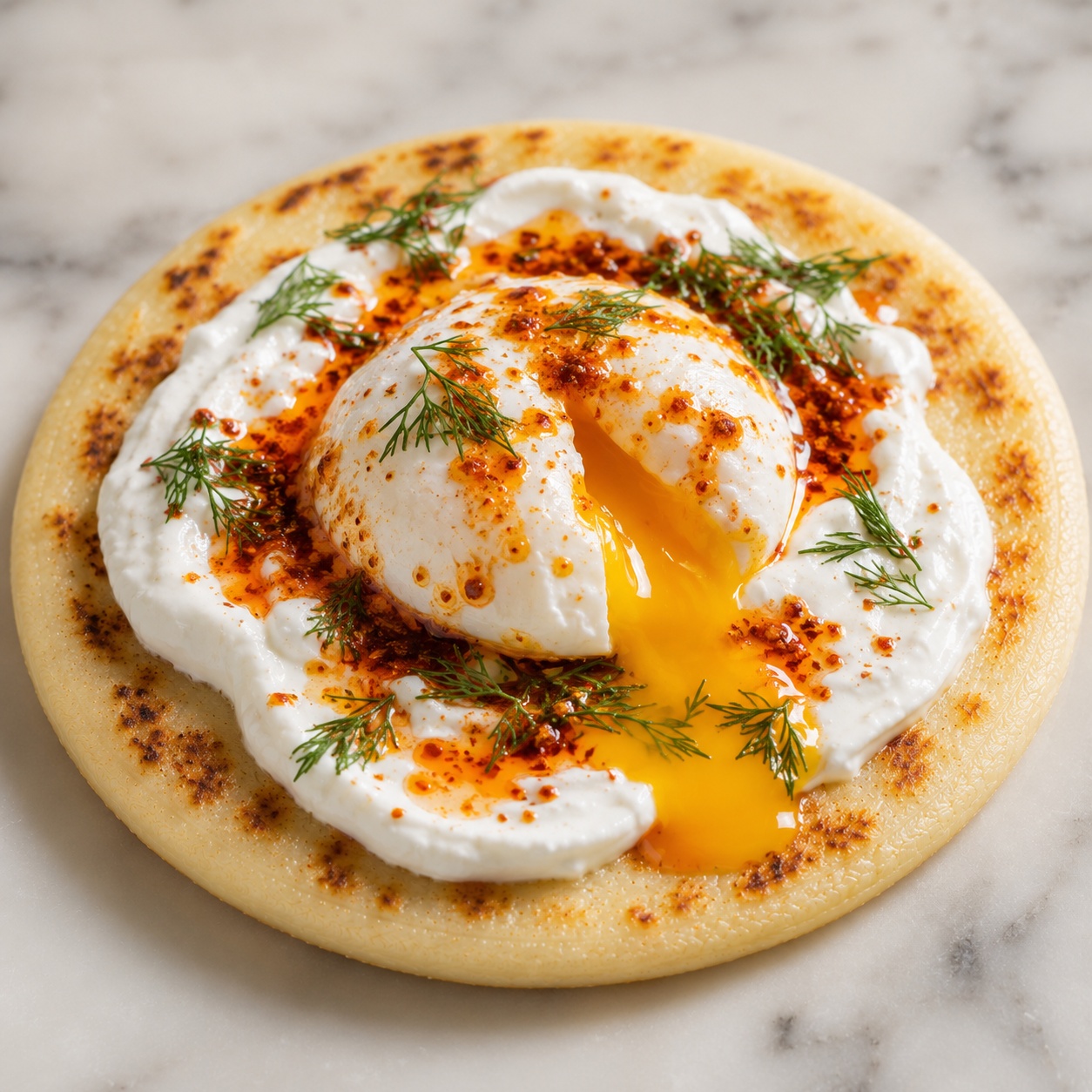Arepa with garlicky yogurt, a poached egg and red Aleppo-pepper butter