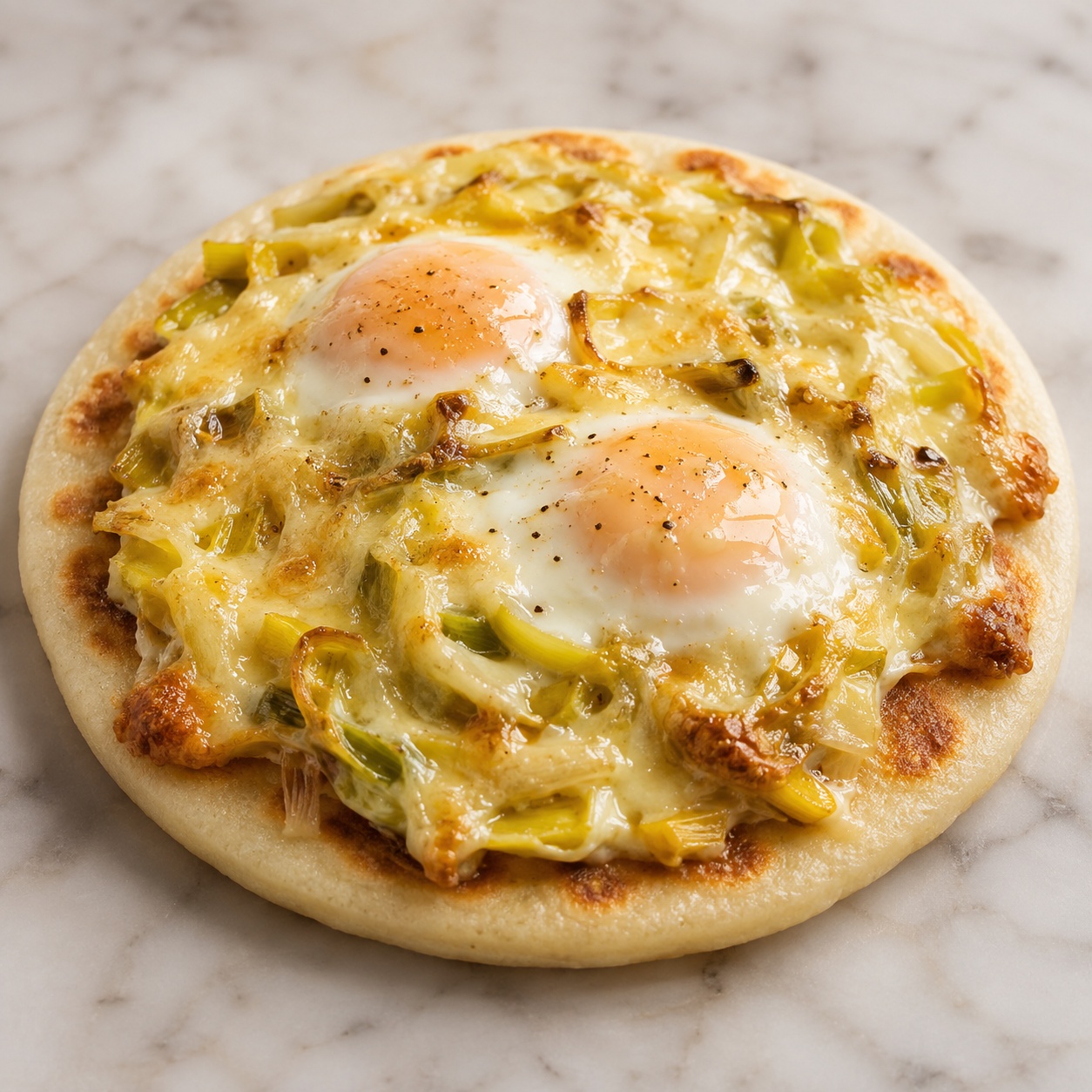 Arepa topped with baked eggs, silky leeks and melted gruyère