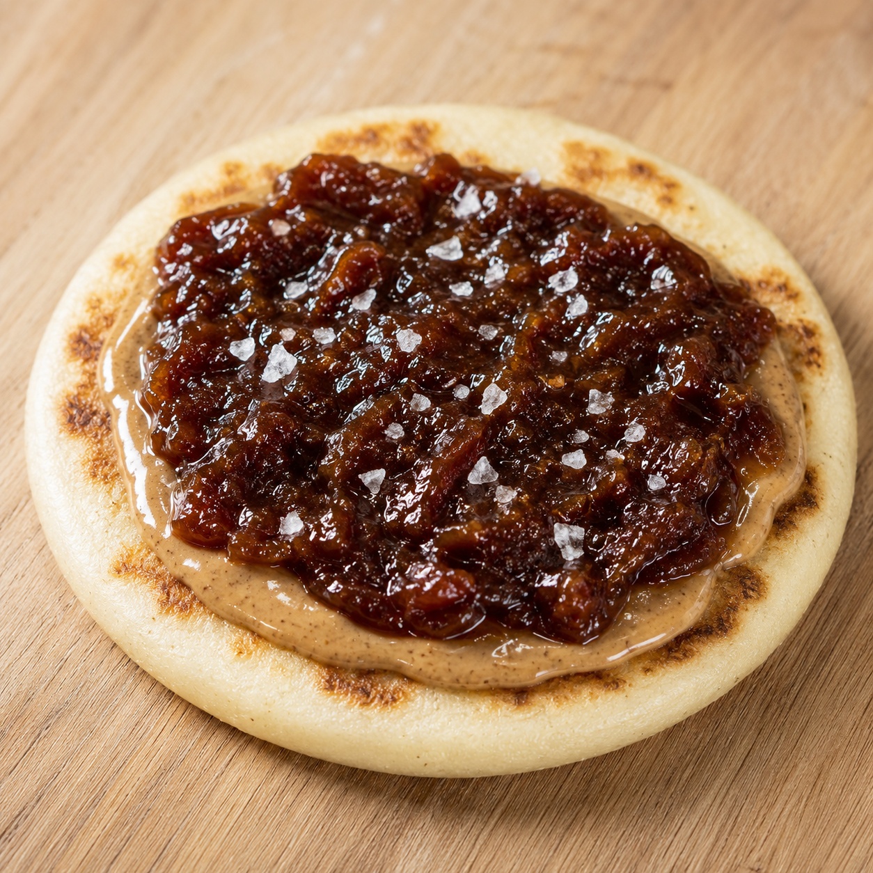 Arepa spread with almond butter and mashed Medjool date