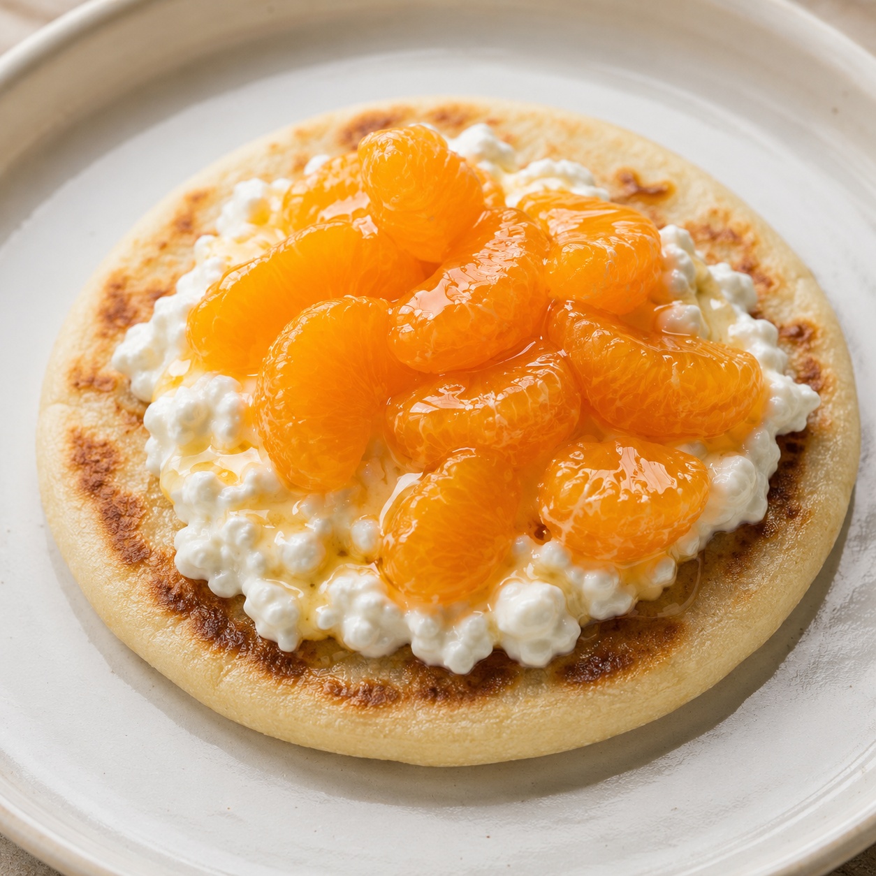 Arepa spread with cottage cheese, mandarin orange segments and honey