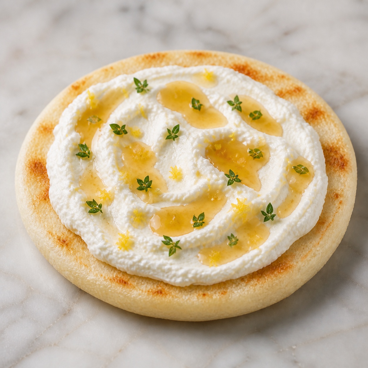 Arepa spread with whipped ricotta, hot honey, lemon zest and thyme