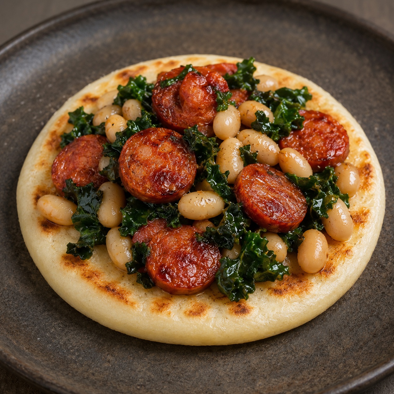 Arepa topped with crisped chorizo, white beans and wilted kale