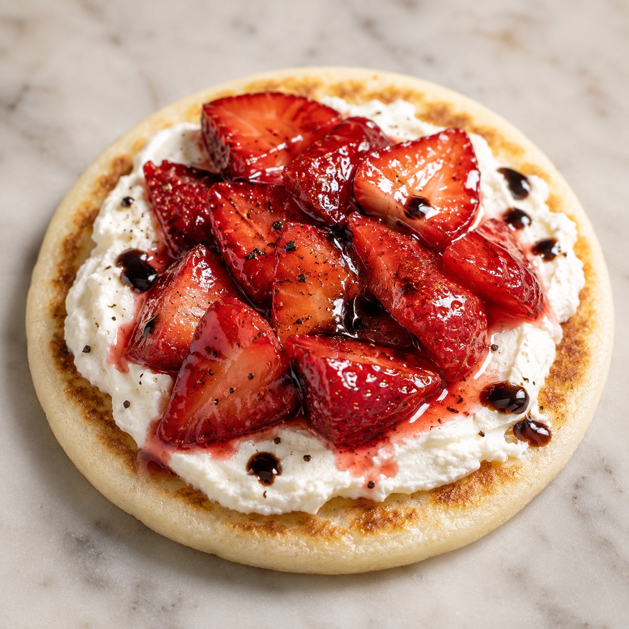 Arepa spread with whipped ricotta, roasted strawberries and balsamic