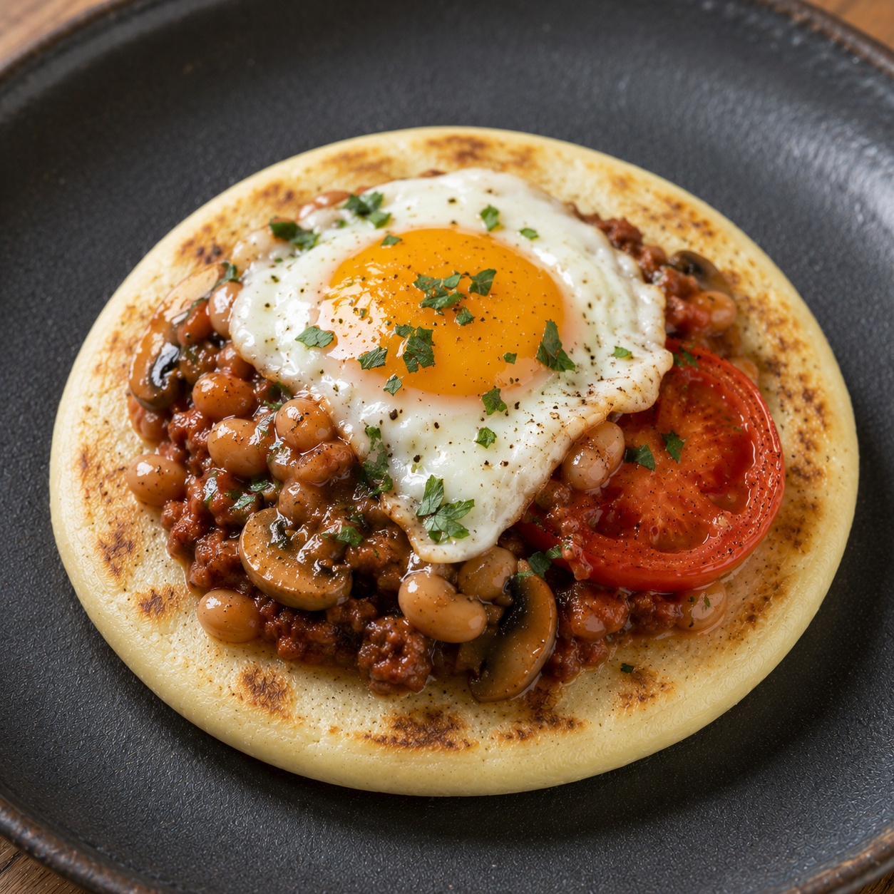 Arepa topped with a fried egg, baked beans, grilled tomato and mushrooms