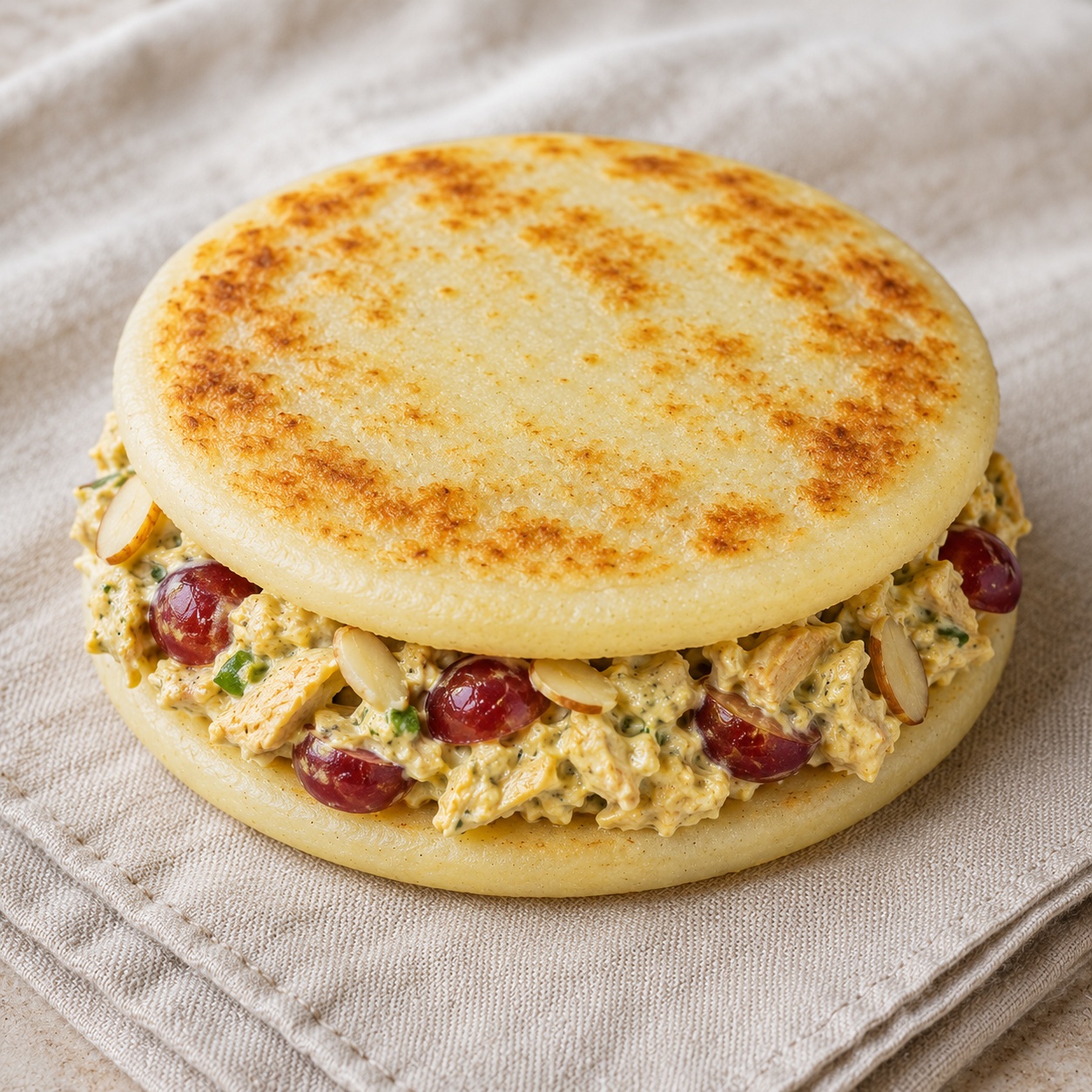 Two arepas sandwiched with curried coronation chicken salad, grapes and almonds