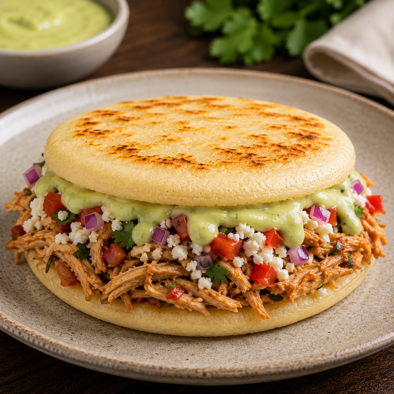 Two arepas sandwiched with smoky shredded chicken tinga and pale green avocado crema