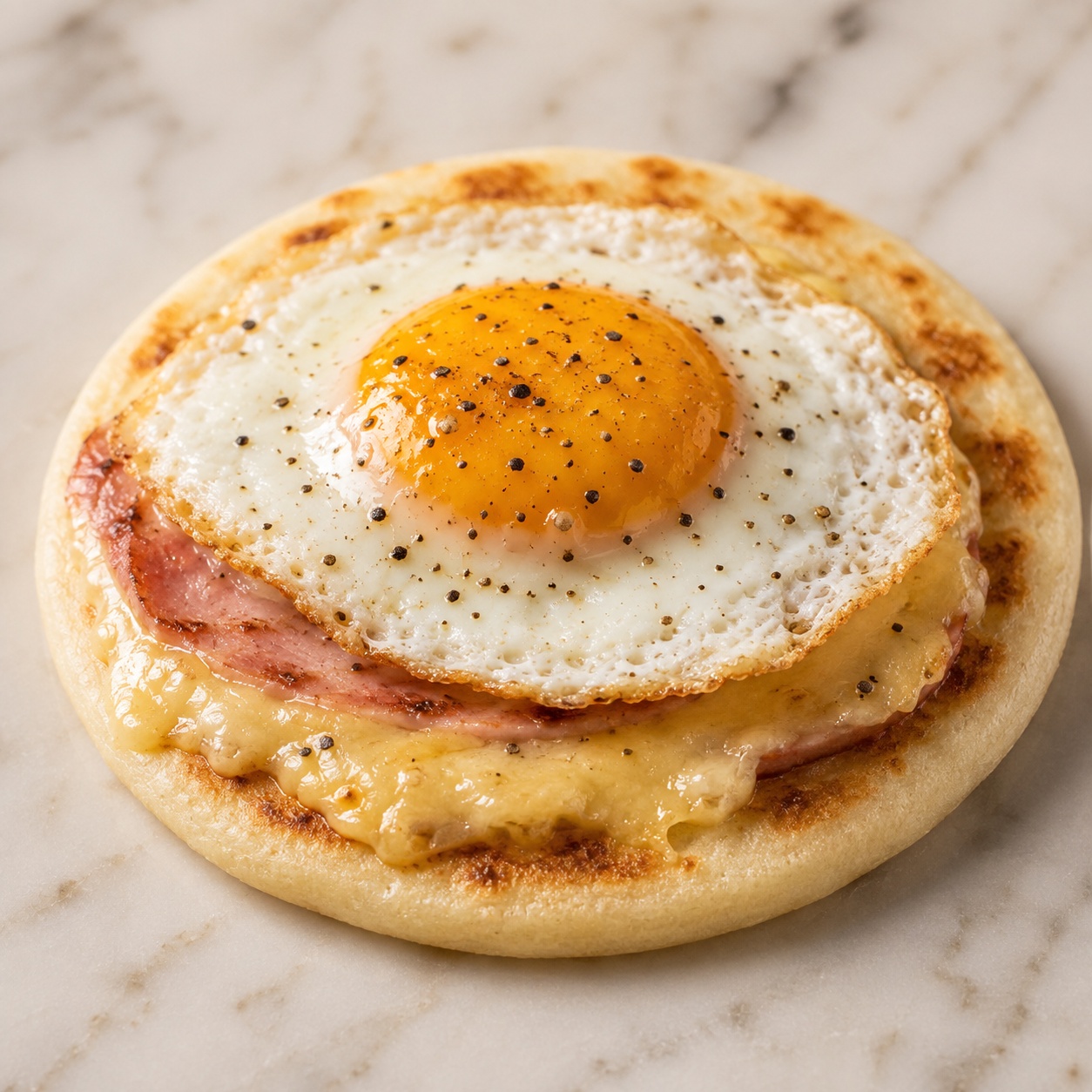 Arepa topped with melted ham, gruyère and a fried egg